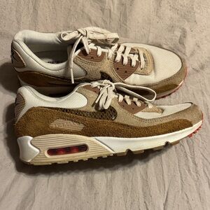 Nike Air Max 90 Sneakers ivory and tan with snakeskin swoosh.